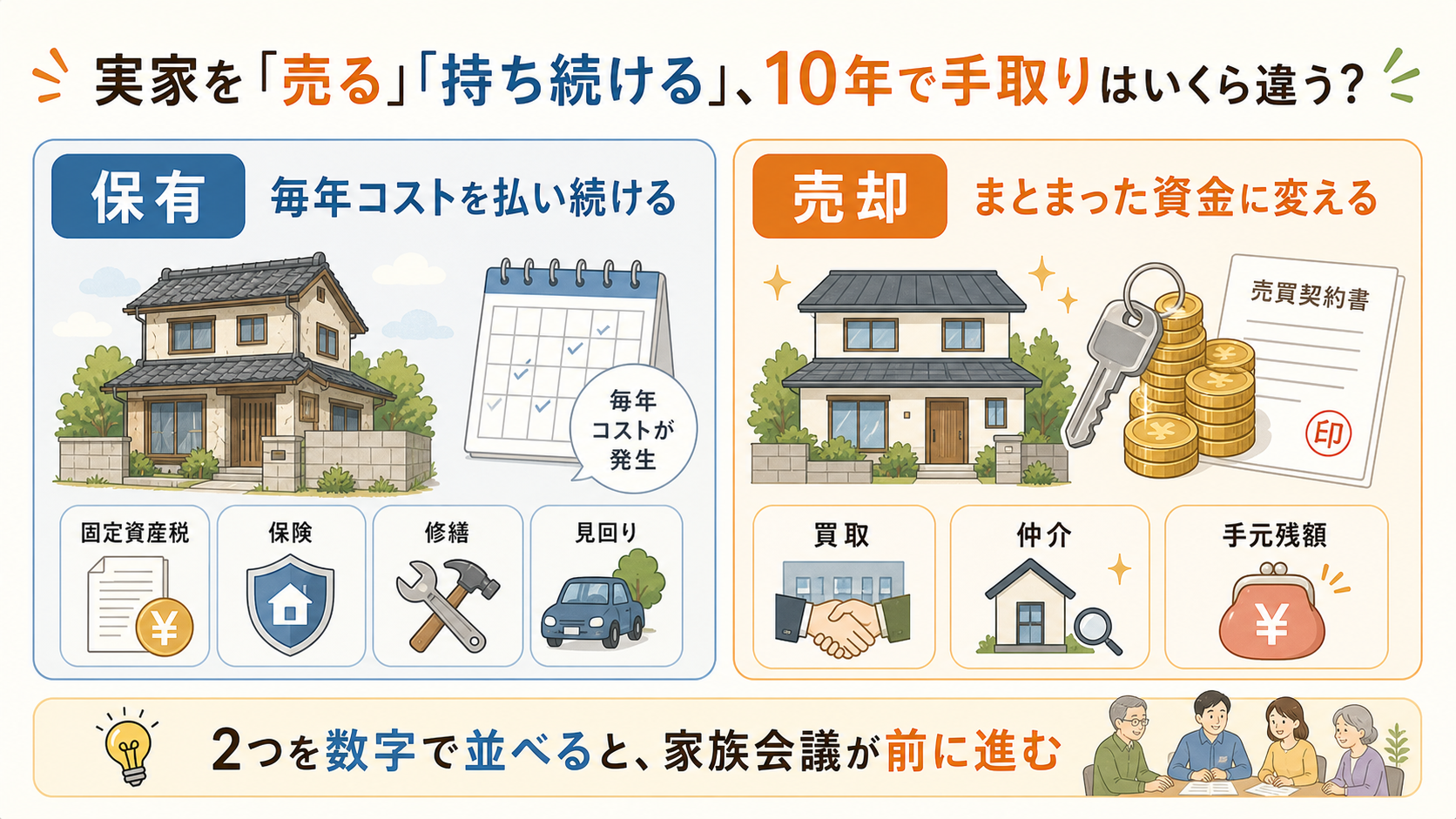 実家の保有と売却、10年コスト比較
